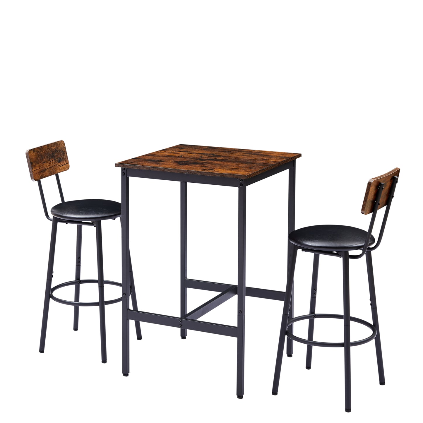 Rustic Brown Bar Table Set With 2 Stools PU Upholstered