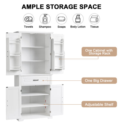 Tall White Bathroom Storage Cabinet with Adjustable Shelf and Drawer, Versatile Multi-Functional Organizer