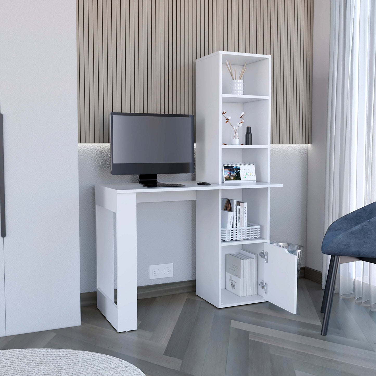White Writing Desk with Integrated Bookcase and Storage Cabinet