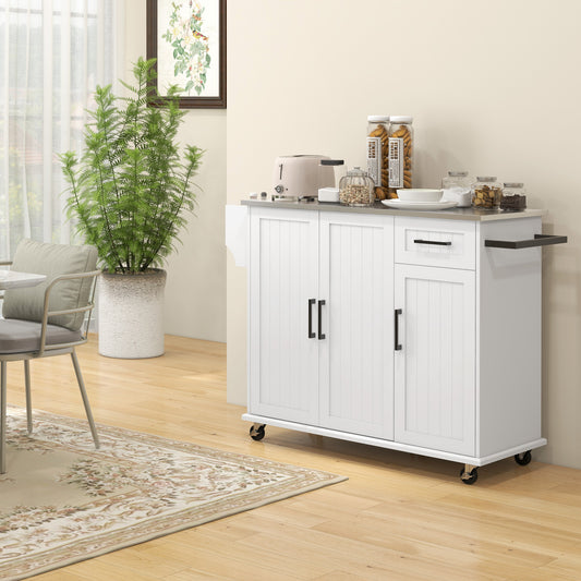 Rolling White Kitchen Island Cart with Stainless Steel Top, Storage Drawers, and Wheels