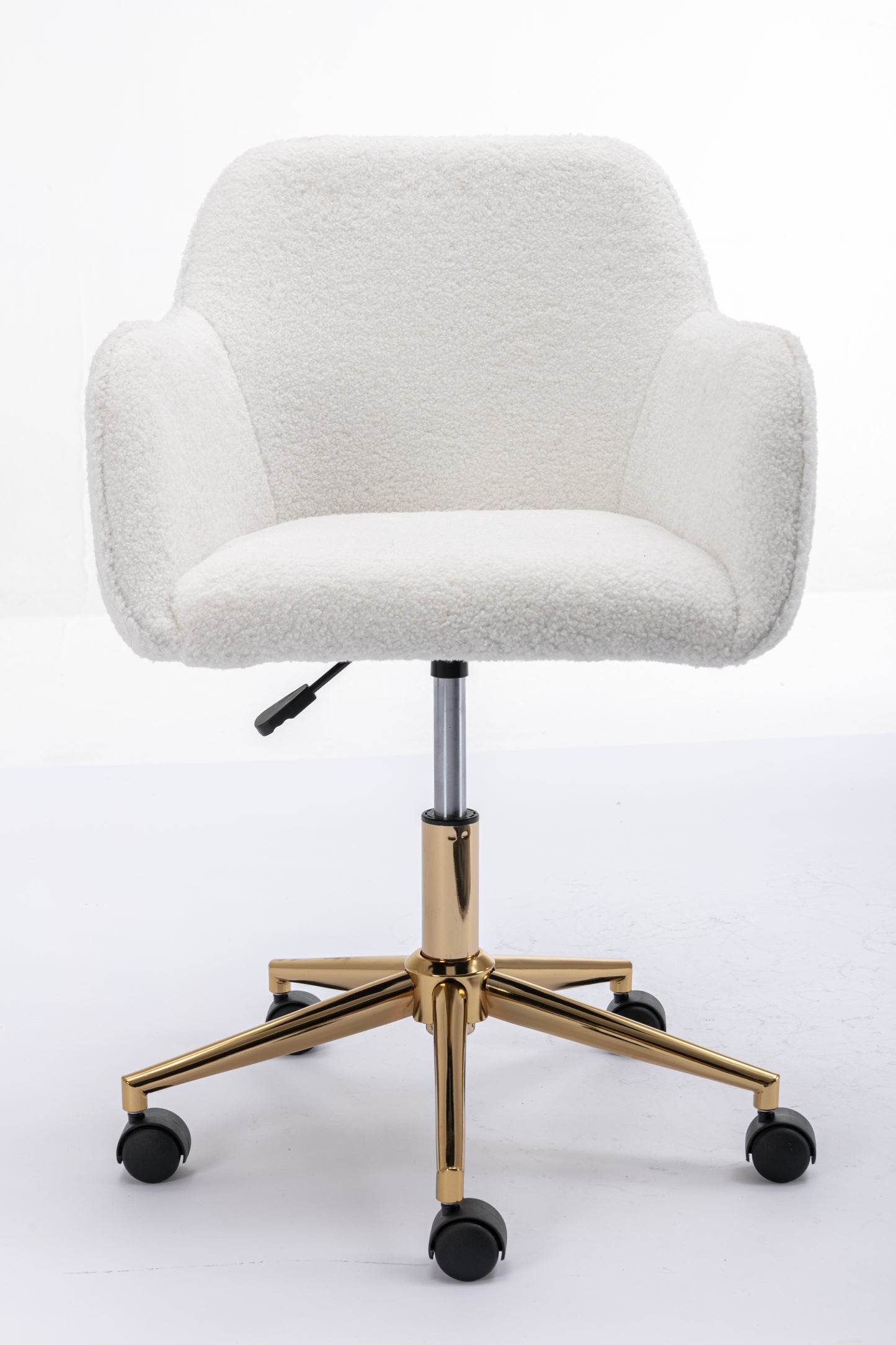 Elegant White Teddy Fabric Home Office Chair with Gold Metal Legs and 360° Swivel Function