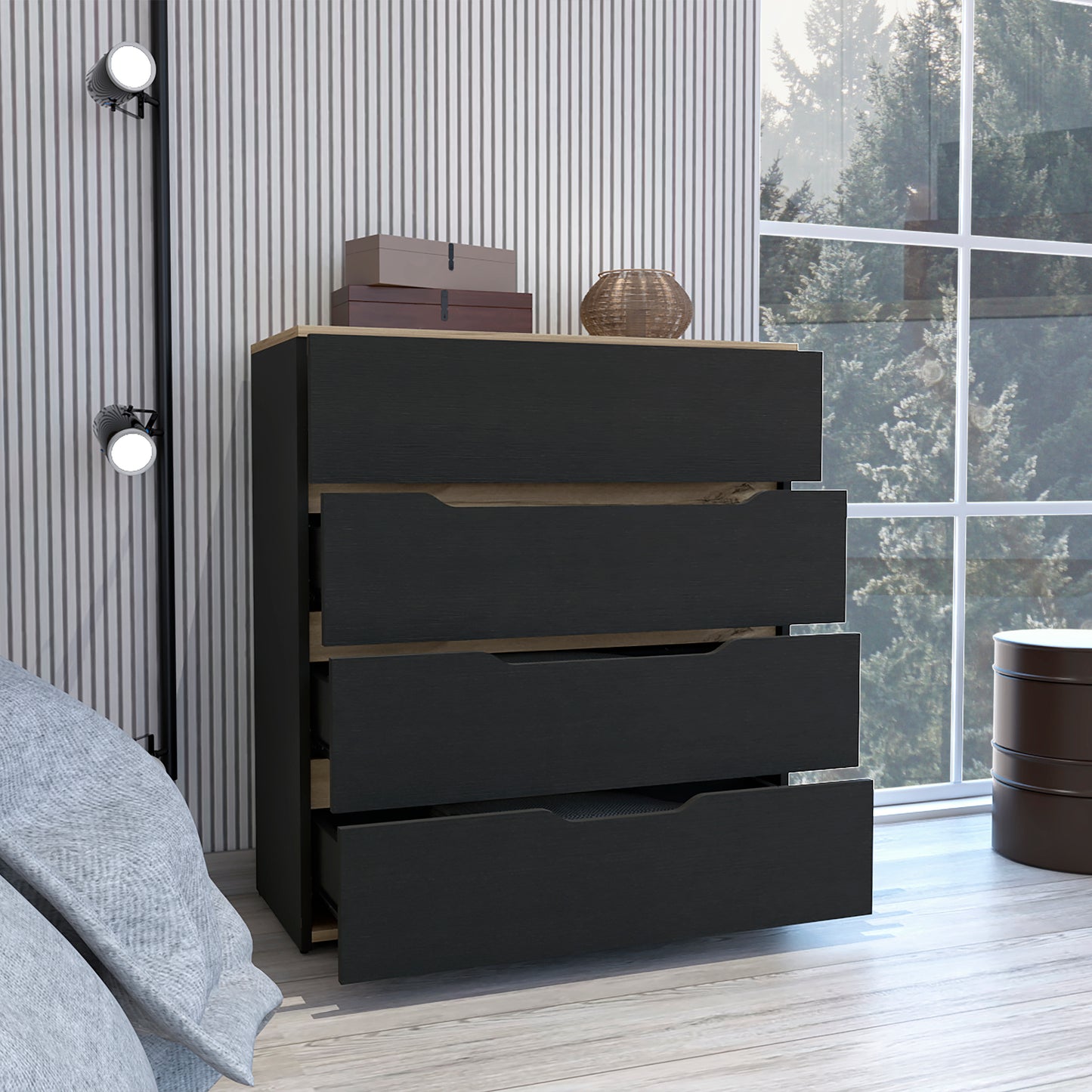 Elegant Black Wengue and Light Oak 4-Drawer Dresser