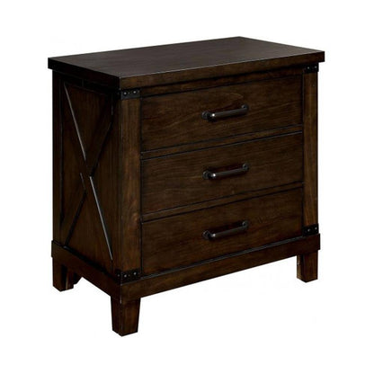 Rustic Dark Walnut Nightstand with 3 Drawers and Black Bar Pulls - Solid Wood Bedroom Furniture