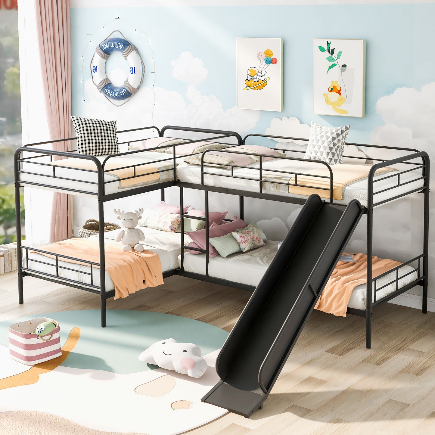 Twin Size Double Deck Bunk Bed with Slide and Ladder in Black