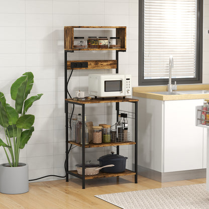Rustic Brown Kitchen Bakers Rack with Power Outlet, USB Charging, Adjustable Shelves, and Coffee Bar Functionality