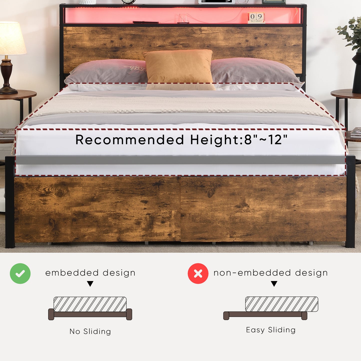 Modern Queen Bed Frame with LED Headboard, Integrated Charging Station & Storage Drawers – Sturdy Metal Platform, No Box Spring Required