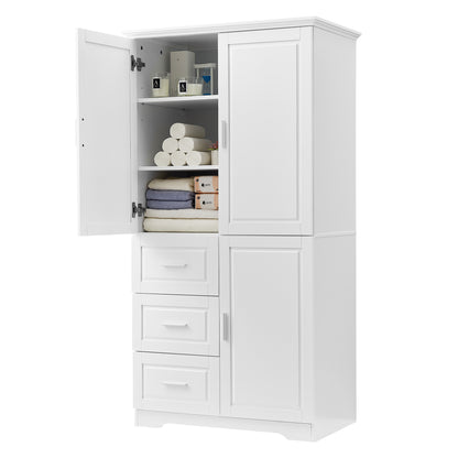 Versatile Tall Storage Cabinet with Doors and Drawers for Bathroom, Office, or Kitchen - White MDF Design