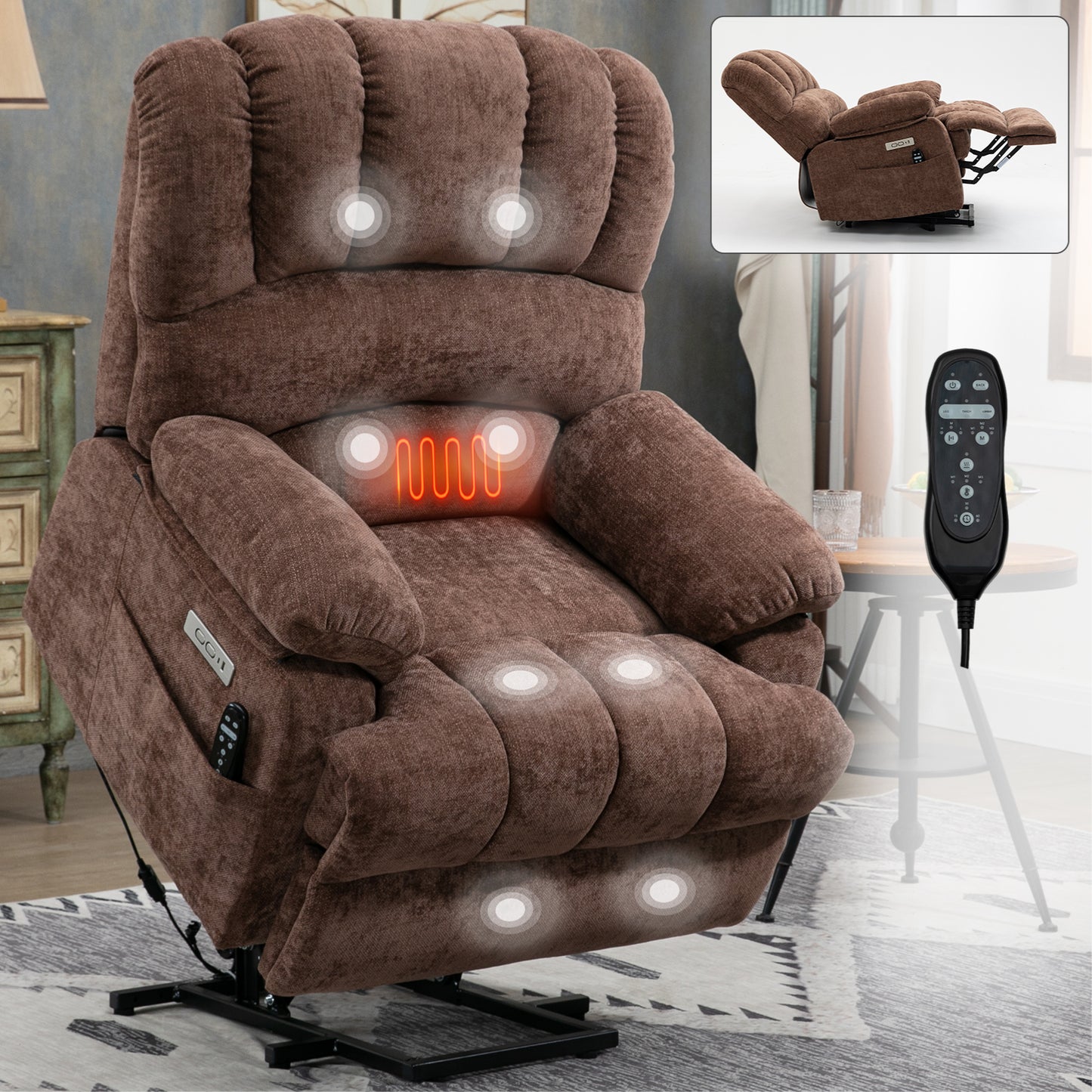 Oversized Power Lift Recliner with 8-Point Massage, Lumbar Heat, Chenille, 42W x 40D x 43H, 350 lb Brown