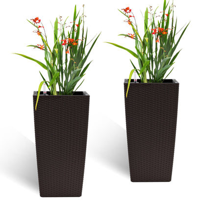 Square Planter with Automatic Watering System, 22-Inch Faux Rattan Pot for Indoors/Outdoors, 2Pack Brown