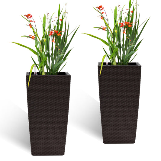 Square Planter with Automatic Watering System, 22-Inch Faux Rattan Pot for Indoors/Outdoors, 2Pack Brown