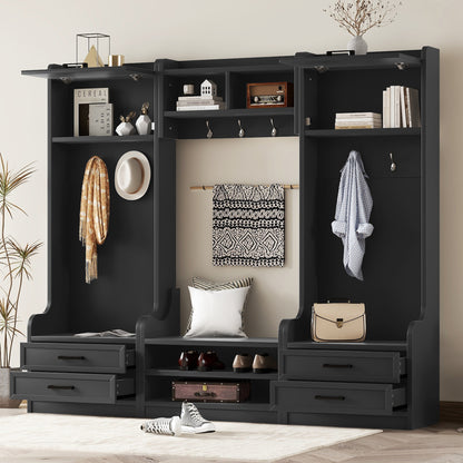 4-in-1 Hall Tree with Storage: Detachable Coat Rack, 2 Cabinets, 4 Drawers, 7 Hooks, Entryway, Black