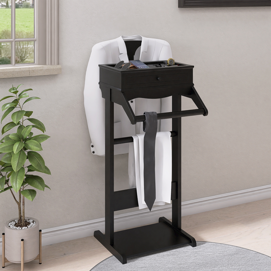 Wooden Clothing Rack with Valet Stand and Top Tray, Shoe Rack, Entryway or Bedroom Organizer Black