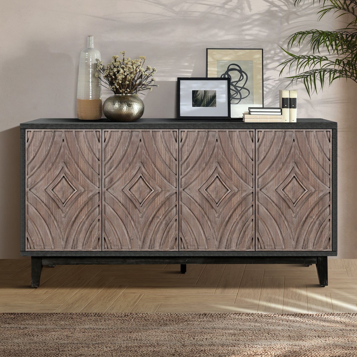 Mid Century Sideboard Buffet Cabinet with Solid Wood Legs 60" Kitchen Storage Cabinet Credenza with 4 Convex pattern diamond Doors and 2 Shelves Accent Console Table for Living Room  Entrance Hall etc