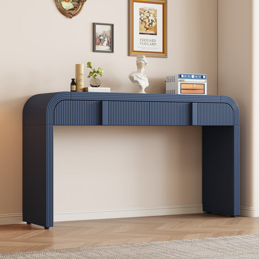 Modern Console Table with 2 Drawers, Fluted, Rounded, 55-Inch for Hallway/Living Room, Navy Blue