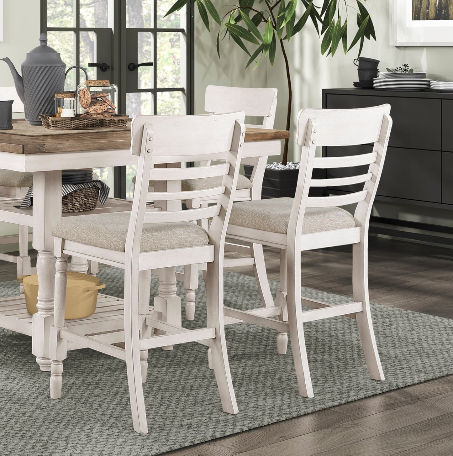 Antique White Finish Set of 2 Counter Height Chair Farmhouse Style Fabric Upholstered Seat Wooden Furniture Dining Chairs