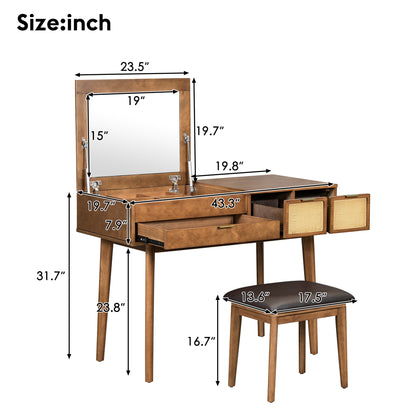 43.3-Inch Classic Wood Vanity Set with Flip-Top Mirror, Stool, 3 Drawers for Dressing Table Bedroom Brown