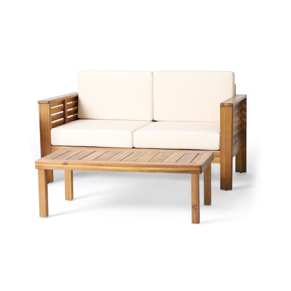 Outdoor Acacia Wood Patio Conversation Set With Loveseat And Coffee Table Water Resistant Cushions Seats 2 Cream