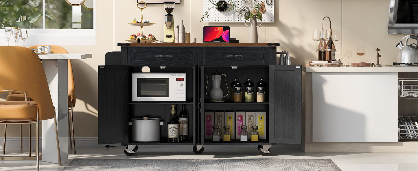 Rolling Farmhouse Kitchen Island with Power Outlet, Drop Leaf Design, Ample Storage, and Spice Rack - Black