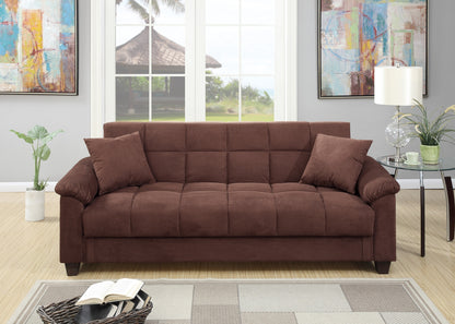 Adjustable Sofa with Storage, Microfiber Futon, 2-Seat, Pillows, Contemporary Style, Chocolate