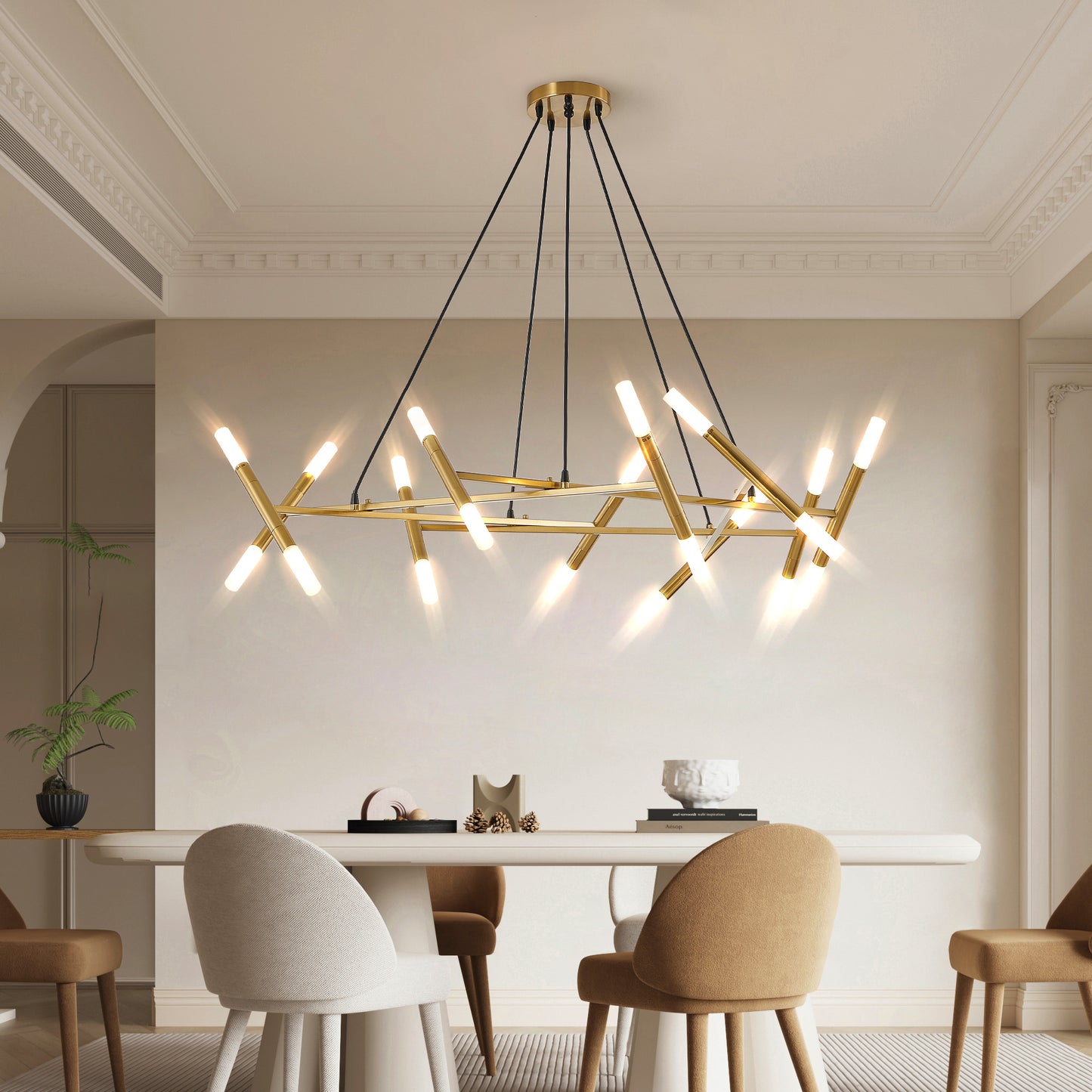 Branch-Design Pendant Chandelier with Frosted Tubes, Adjustable Height Dining/Living, Hard-Wired, Gold