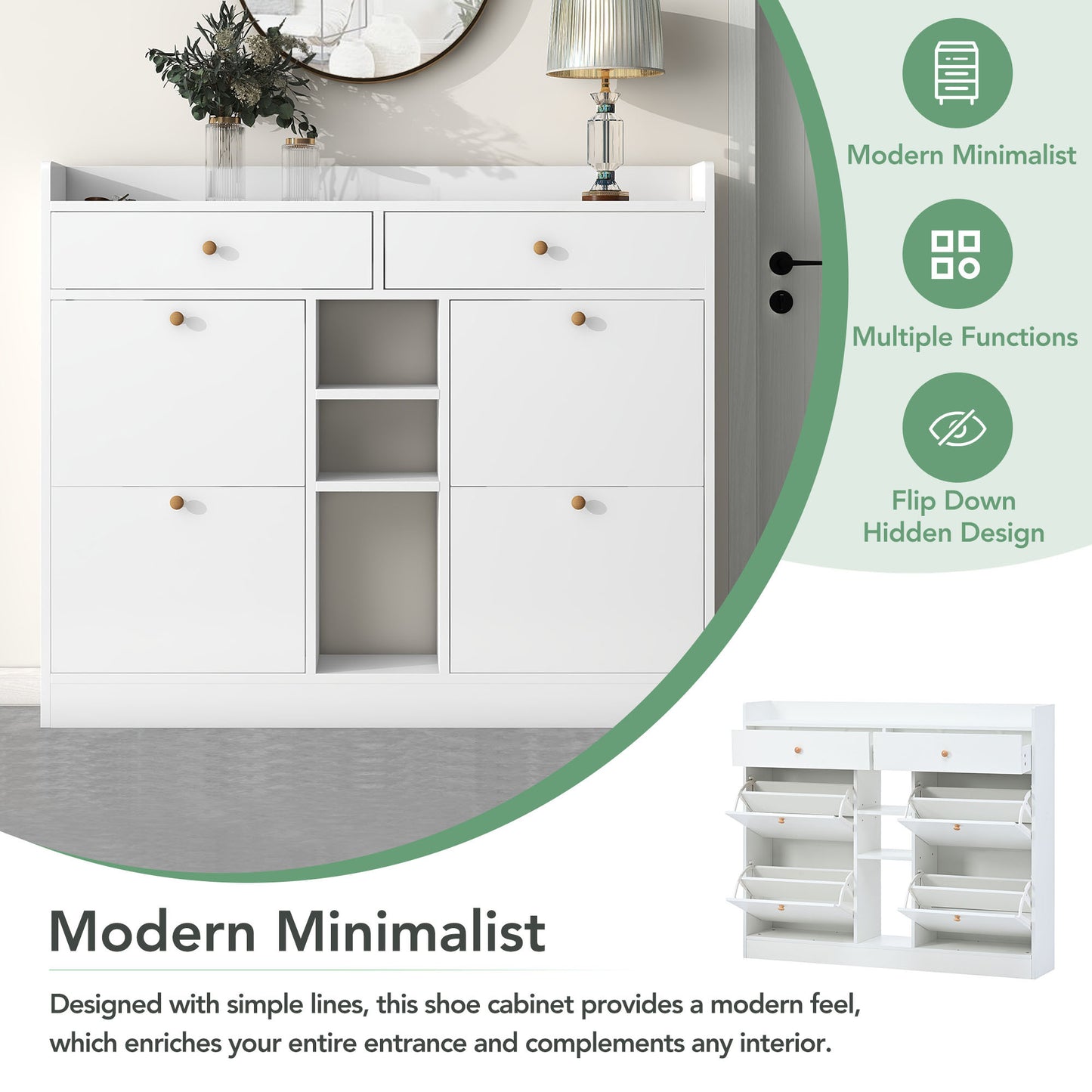 Stylish Modern White Shoe Cabinet with 4 Flip Drawers, 2-Tier Shoe Storage Organizer for Entryway, Space-Saving Free Standing Rack