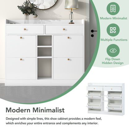 Stylish Modern White Shoe Cabinet with 4 Flip Drawers, 2-Tier Shoe Storage Organizer for Entryway, Space-Saving Free Standing Rack