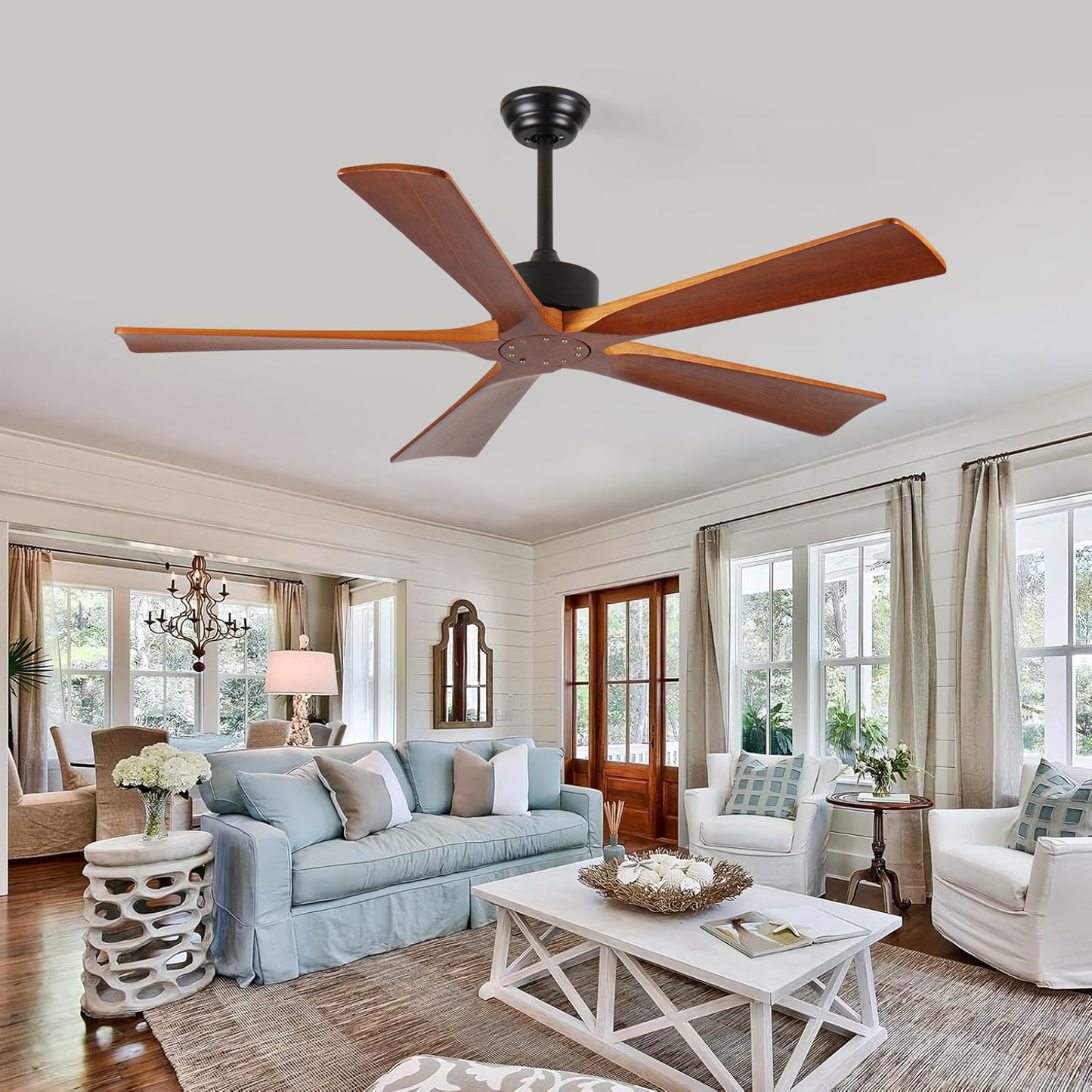 60-Inch Ceiling Fan with Remote, 5 Blades, DC Motor, Light, Patio/Outdoor Use, 6-Speed, Reversible Wood