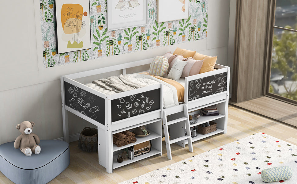 Twin Size Creative Low Loft Bed with Movable Storage Shelves and Chalkboard Guardrail, White