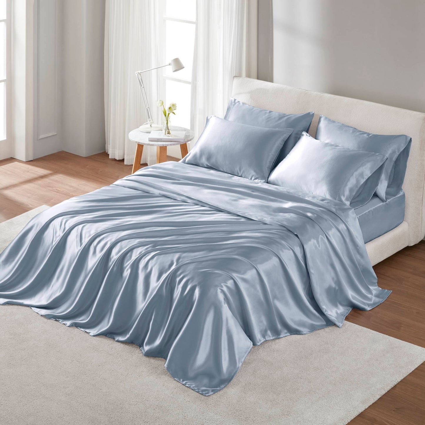Cal King Satin Sheet Set - Polyester Satin, Deep Pocket Fitted, 1 Flat, 1 Fitted, 4 Pillowcases - Blue