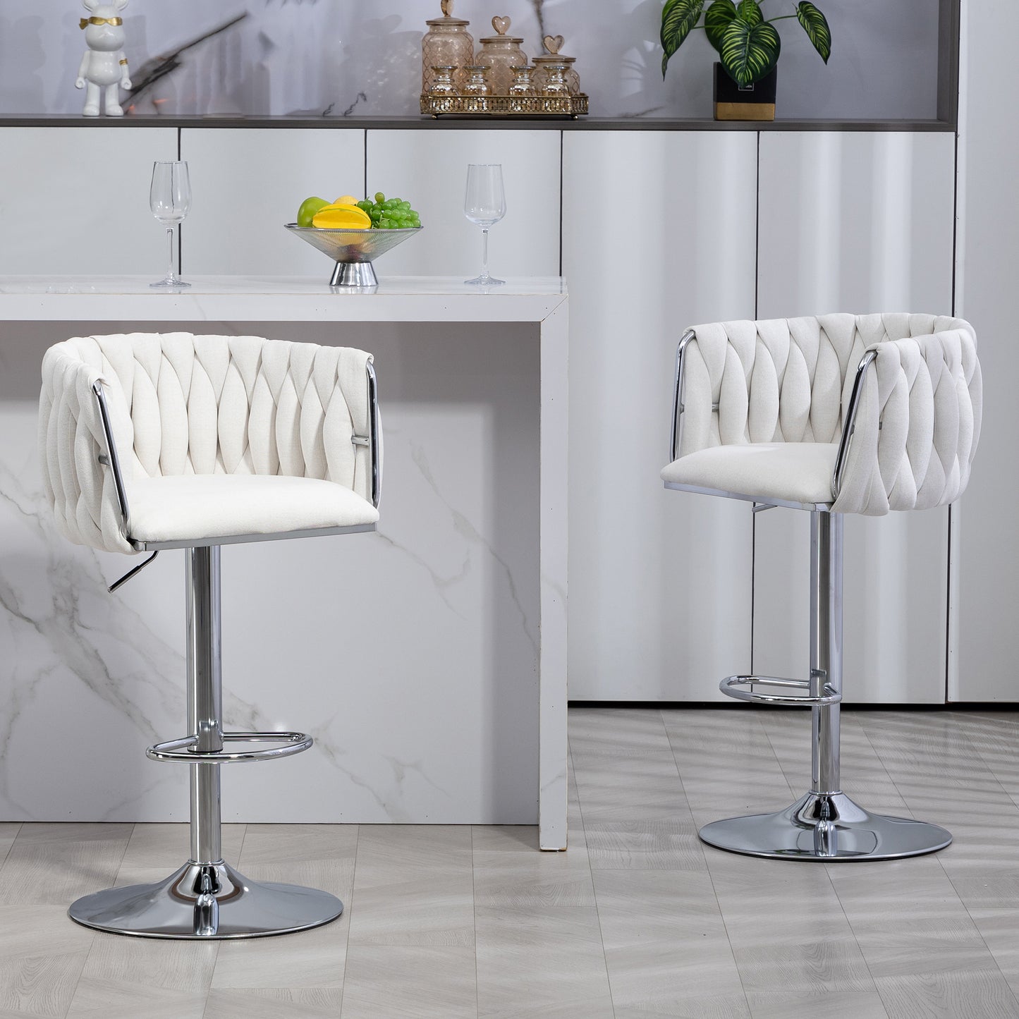 Counter-Height Bar Stools Set of 2, 360° Swivel, Fabric Cushions, Woven-Back, Foam-Padded, Beige
