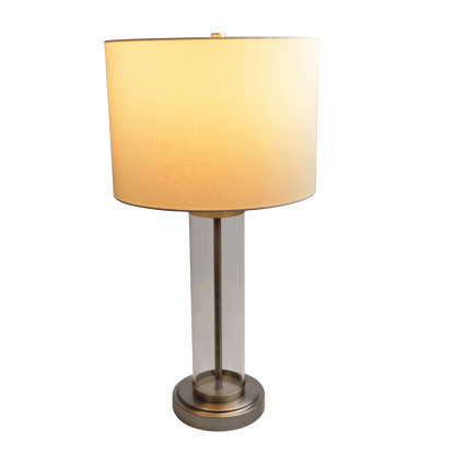 Modern Table Lamp with On/Off Switch, Clear Glass Body, Metal Base, 28in, 14in Diameter Brushed Nickel