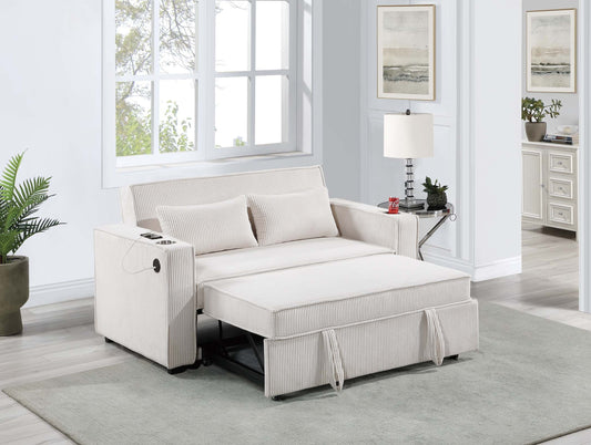 2-Seater Convertible Sofa Bed with Cup Holders, USB, Plush Corduroy Upholstery, 59in Sleeper Couch Beige