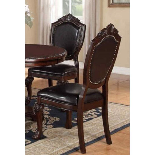 Set of 2 Traditional Formal Dining Room Side Chairs - Rubberwood, Faux Leather Upholstered Seats Brown