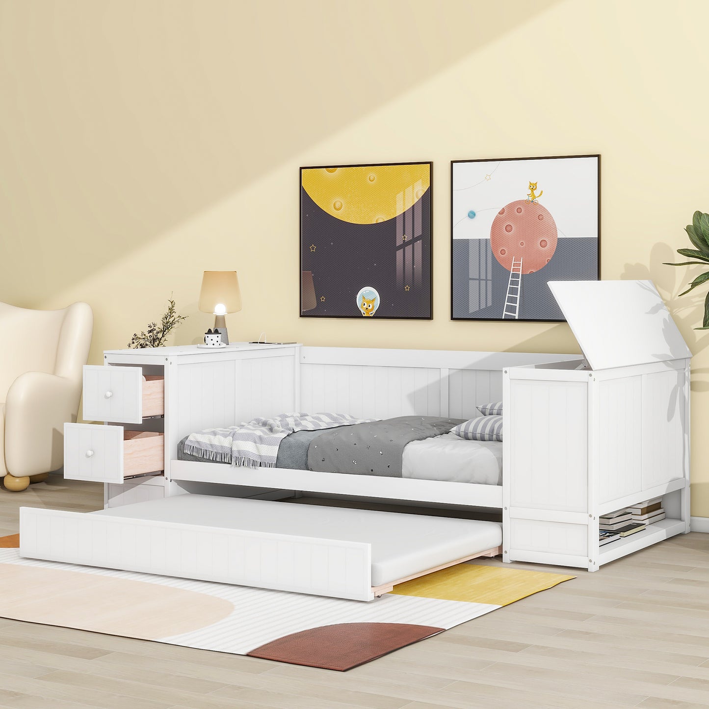 Elegant Twin Size Daybed with Storage and USB Charging, White