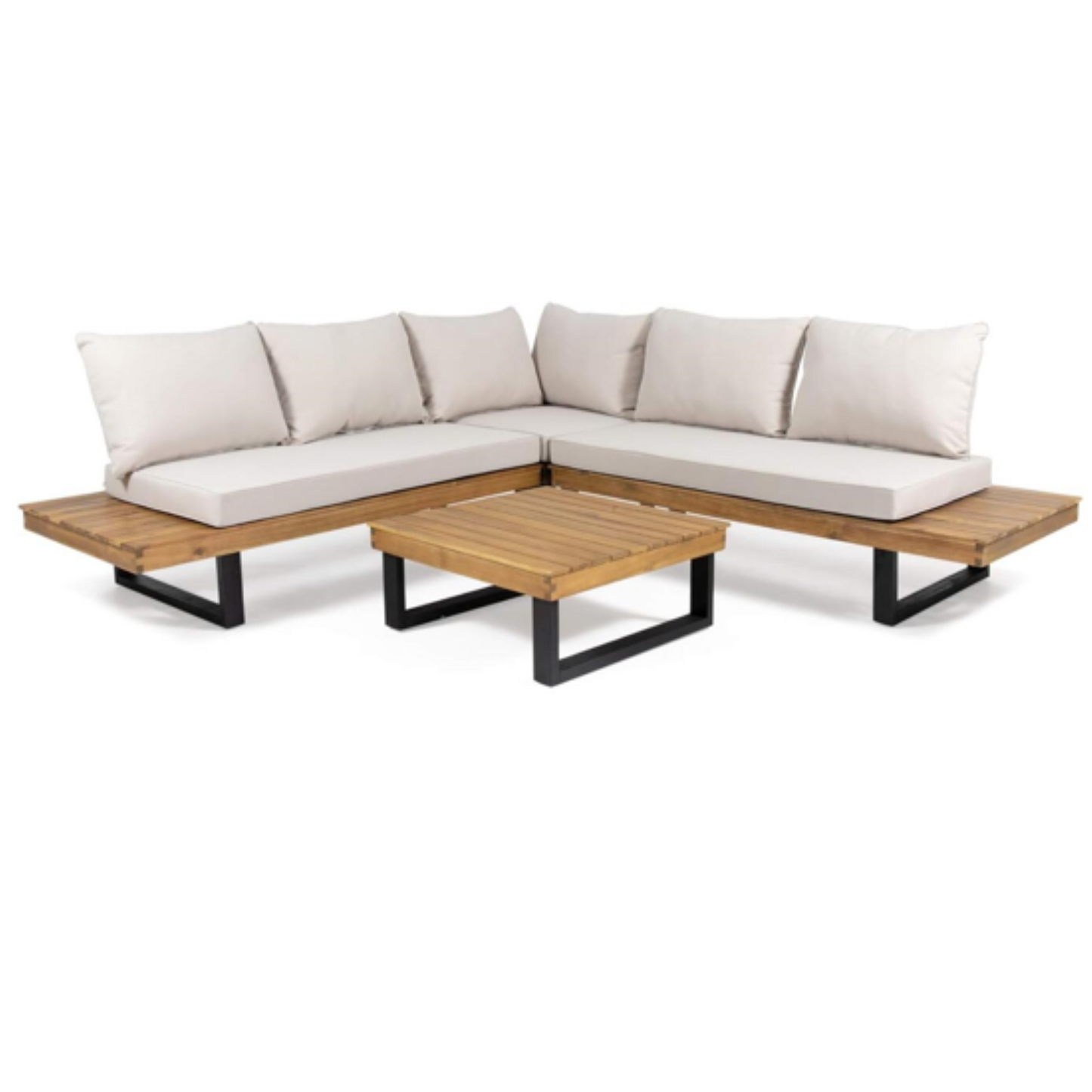 Hand-Crafted 4-Piece Outdoor Sofa Set With Water Resistant Cushions, Acacia Wood Teak Finish Beige