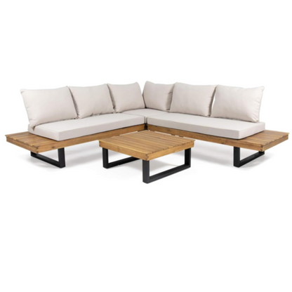 Hand-Crafted 4-Piece Outdoor Sofa Set With Water Resistant Cushions, Acacia Wood Teak Finish Beige