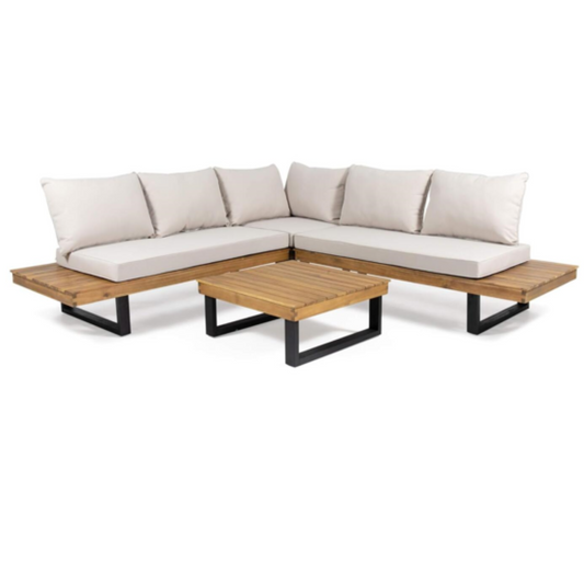 Hand-Crafted 4-Piece Outdoor Sofa Set With Water Resistant Cushions, Acacia Wood Teak Finish Beige
