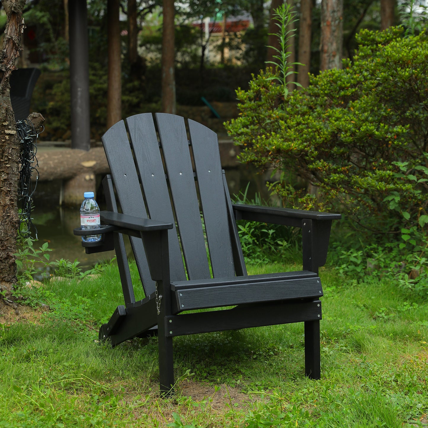 Folding HDPE Adirondack Chair With Dual Cup Holder For Outdoor Use Weather Resistant Wood Texture Black