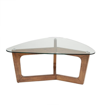 Mid-Century Modern Triangle Coffee Table with Tempered Glass Top, 42 x 28 in, Living Room, Pecan