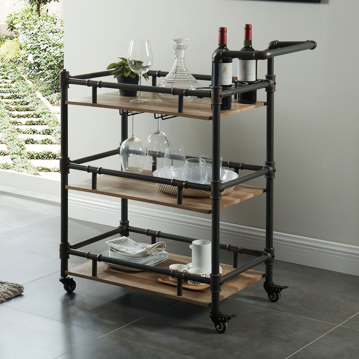 Rustic Industrial Three Tier Serving Cart Oak Finish Frame