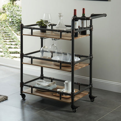 Rustic Industrial Three Tier Serving Cart Oak Finish Frame