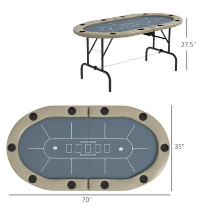 70-Inch Folding Oval Poker Table for 10 with Cup Holders, Felt Surface, Portable Padded, Blue and Brown