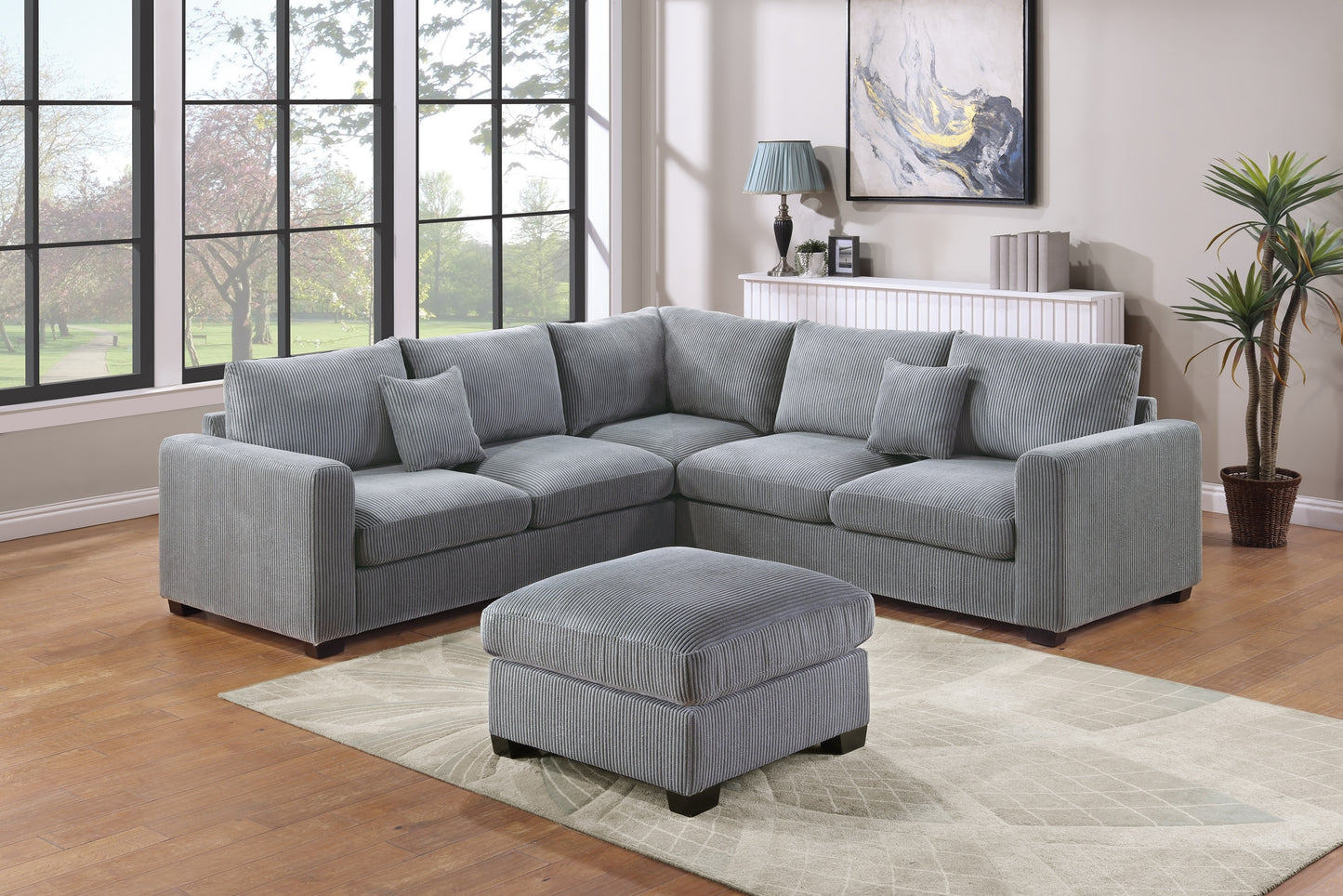 4-Piece L-Sectional Sofa with Corduroy Upholstery, LAF/RAF Loveseats, Corner Wedge, Cocktail Ottoman Fog