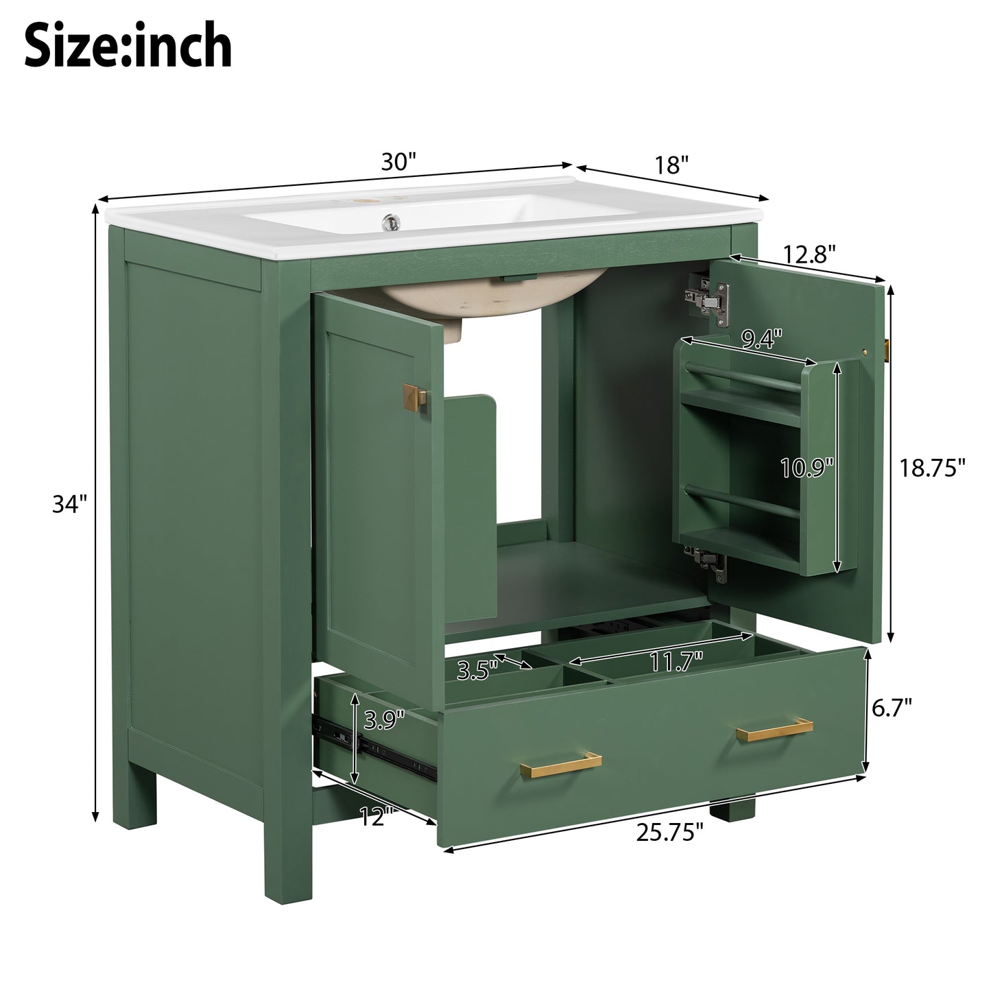 30" Elegant Green Bathroom Storage Vanity with Integrated Undermount Sink and Soft-Close Features