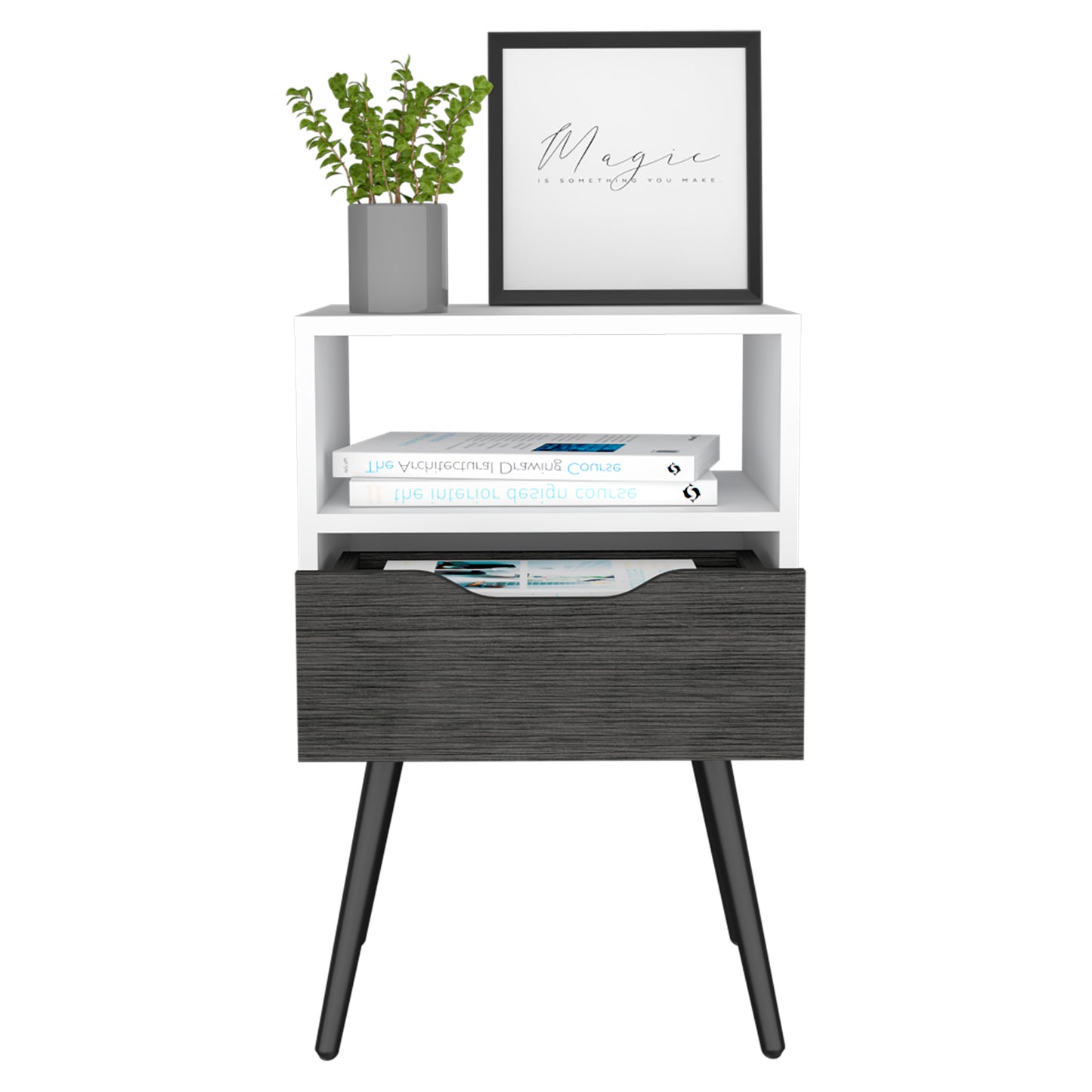 Otom Nightstand , Superior Top, One Open Shelf, One Drawer, Four Legs -Smokey Oak / White