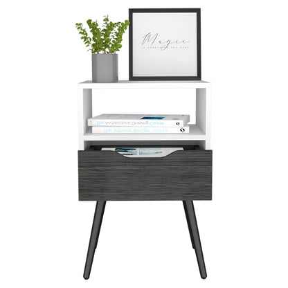 Otom Nightstand , Superior Top, One Open Shelf, One Drawer, Four Legs -Smokey Oak / White