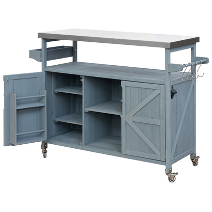 Rolling Outdoor Kitchen Island with Stainless Steel Top, Grey Blue Fir Wood Bar Cart & Storage Cabinet for BBQ and Garden Parties