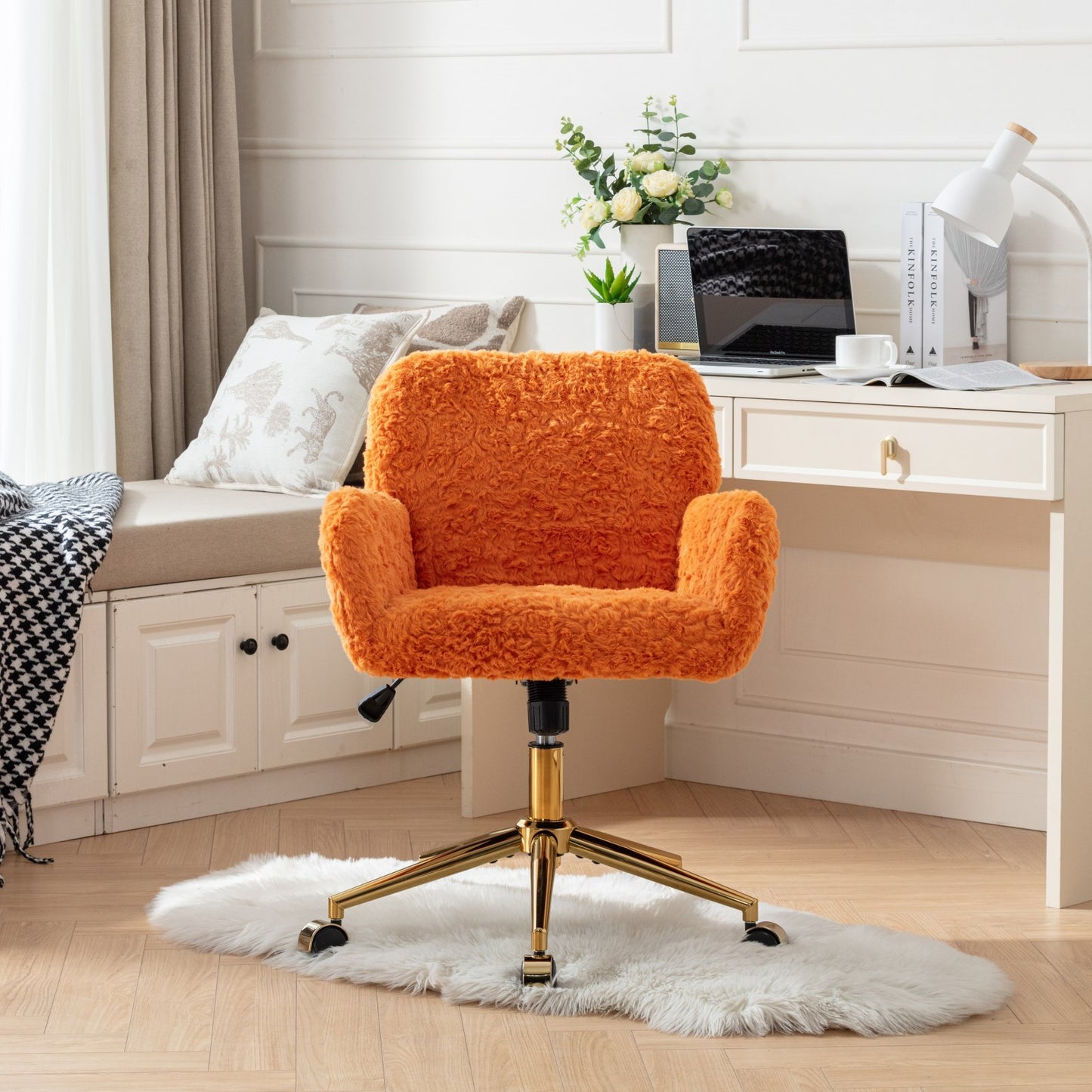 Orange Upholstered Home Office Chair with Golden Base - Adjustable Swivel Vanity Chair Featuring Artificial Rabbit Hair and Reclining Chassis