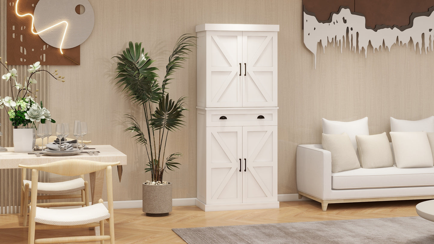 Elegant 71" White Freestanding Kitchen Pantry Cabinet with 4 Doors, 1 Drawer, Adjustable Shelves for Versatile Storage