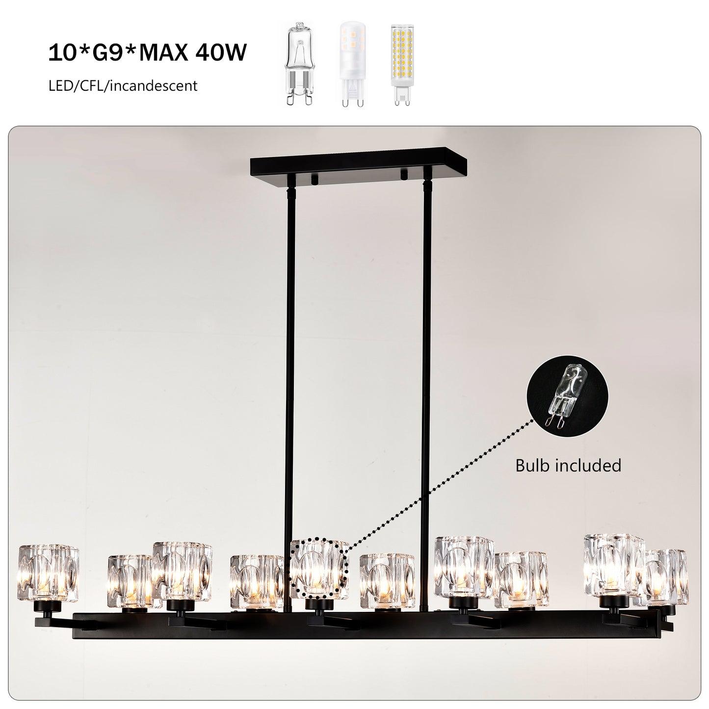 10-Light Pendant Chandelier for Dining Room & Kitchen Island, Farmhouse Metal, G9 Bulbs, Matte Black